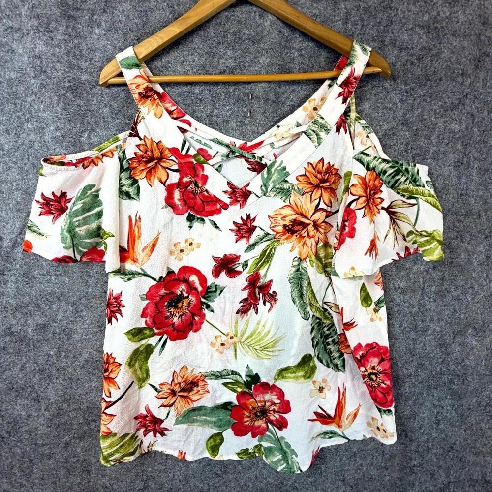 Flower & Feather Cold‎ Shoulder Top Womens 2XL White Red Floral Tropical Blouse